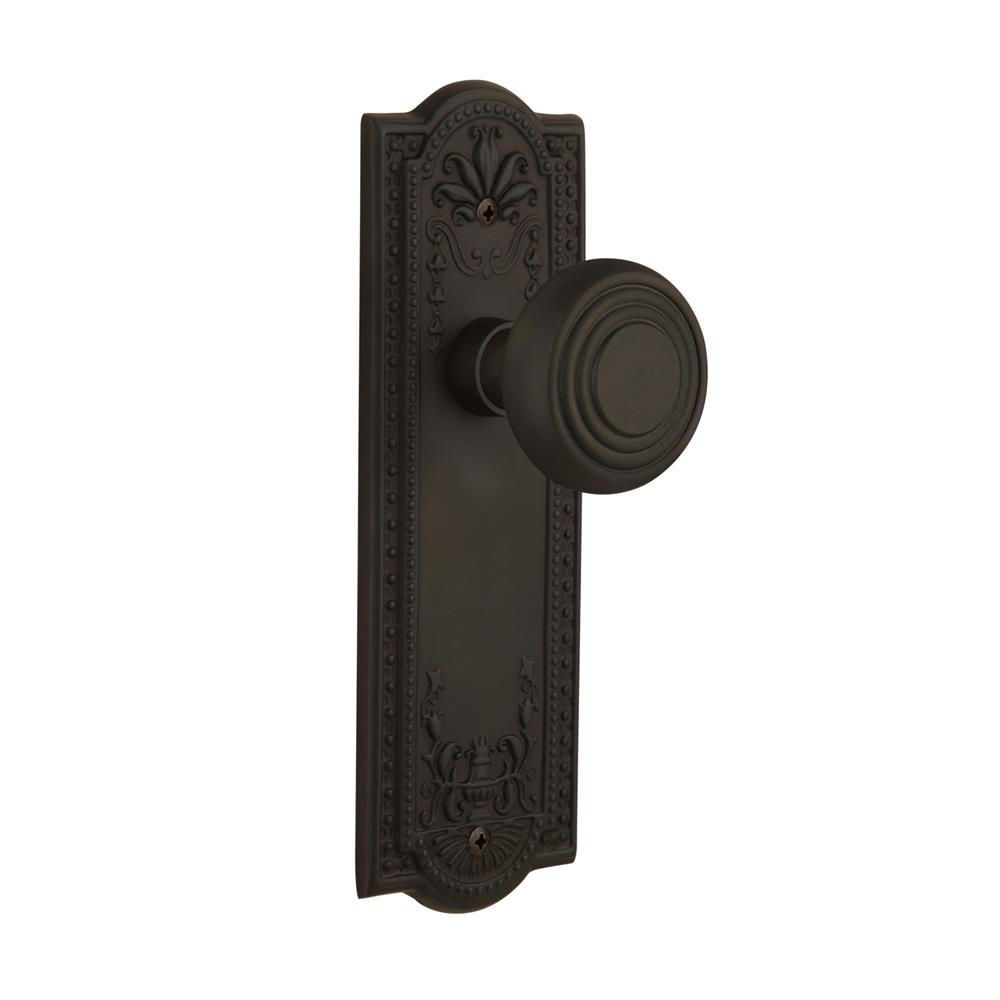 Nostalgic Warehouse MEADEC Complete Passage Set Without Keyhole Meadows Plate with Deco Knob in Oil-Rubbed Bronze
